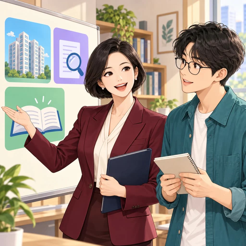 칠판의 건물·돋보기·책 그림을 설명하는 경매 선생님과 노트를 든 수강생