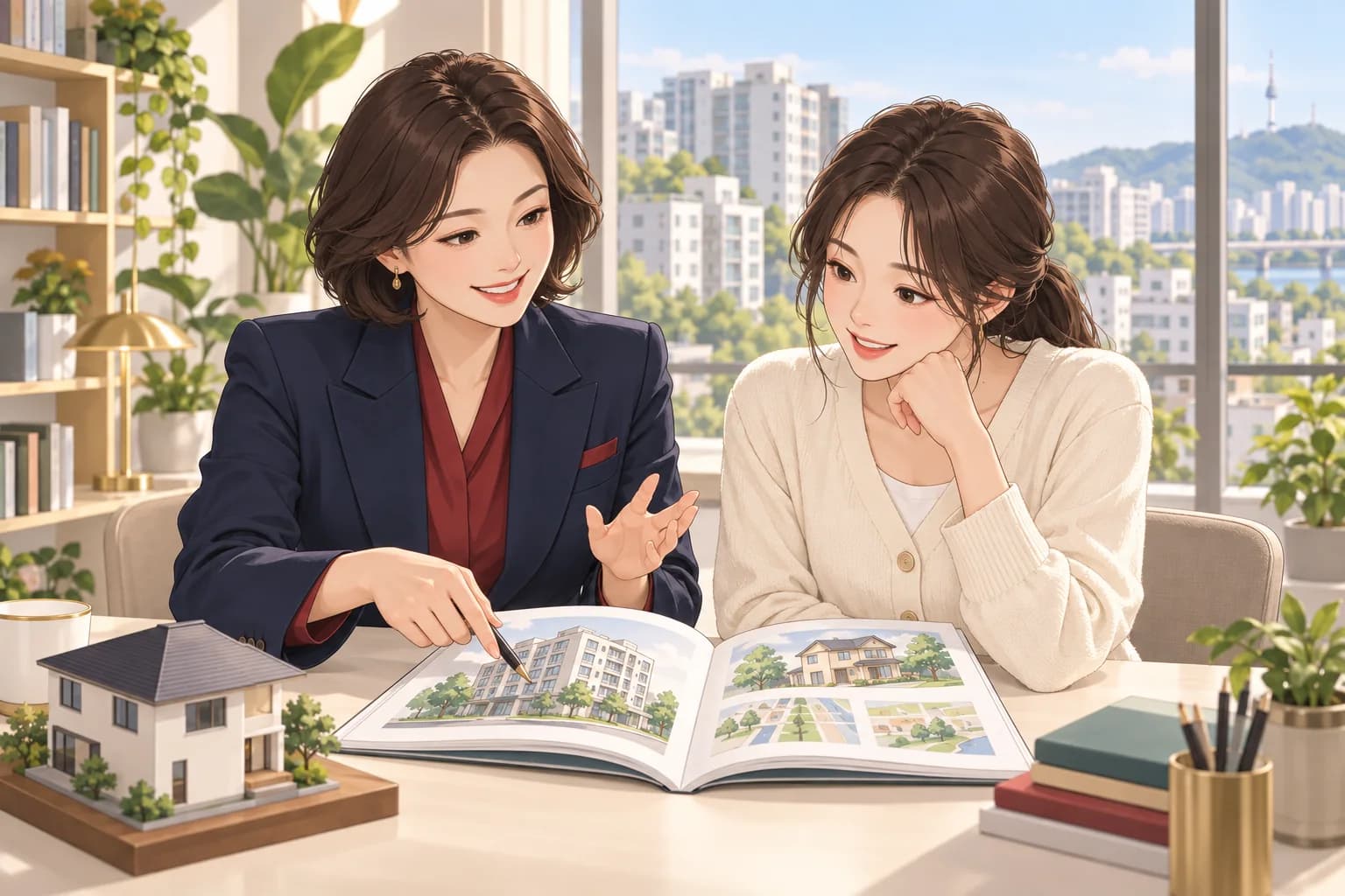 강사와 수강생이 그림 교재를 함께 살펴보는 웹툰풍 일러스트