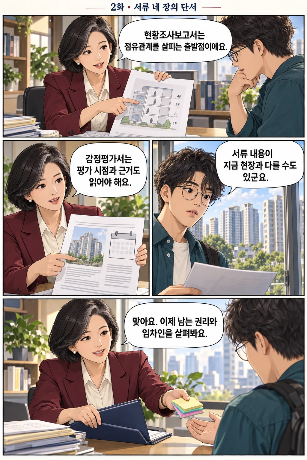 2화 서류 네 장의 단서, 2쪽. 준호와 경매 선생님의 이야기