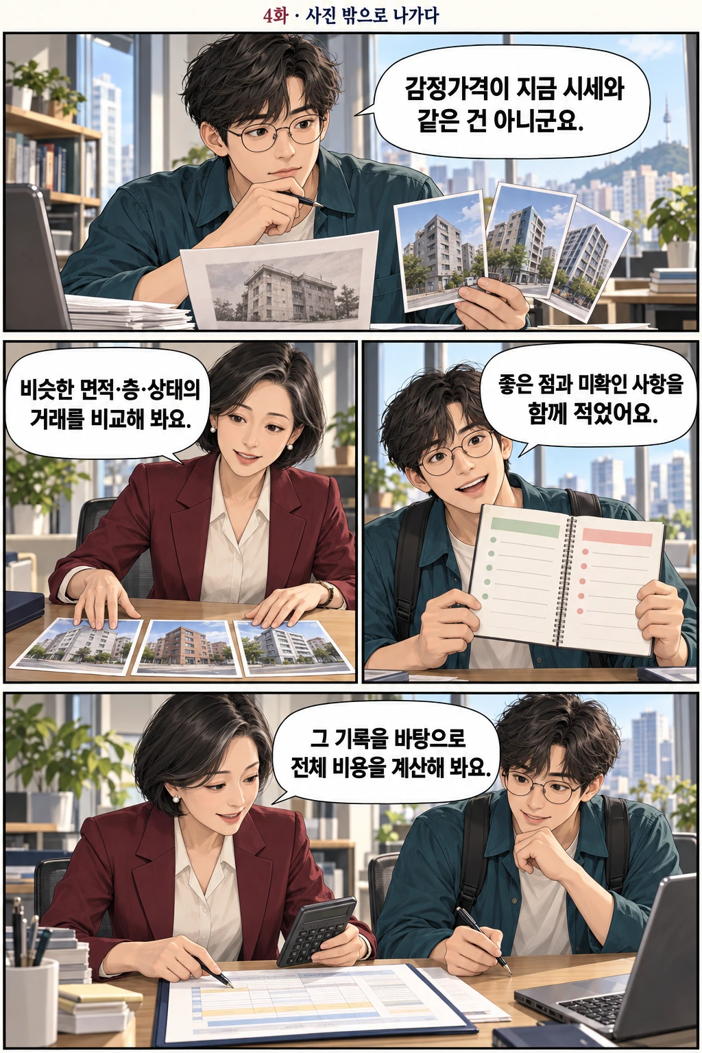 4화 사진 밖으로 나가다, 2쪽. 준호와 경매 선생님의 이야기
