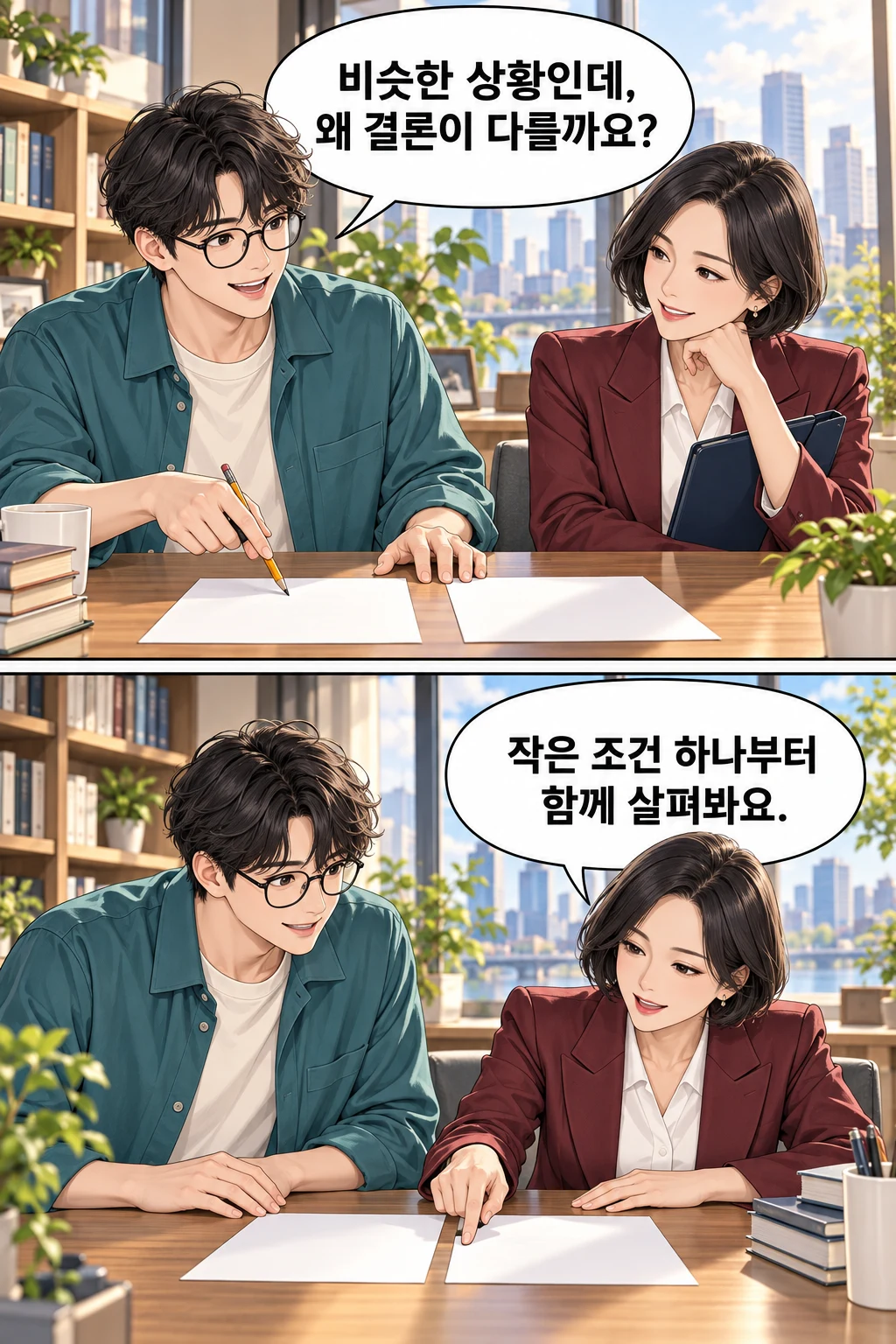 두 장의 서류를 비교하는 준호와 작은 조건을 함께 살펴보자는 선생님의 공개용 2컷 만화